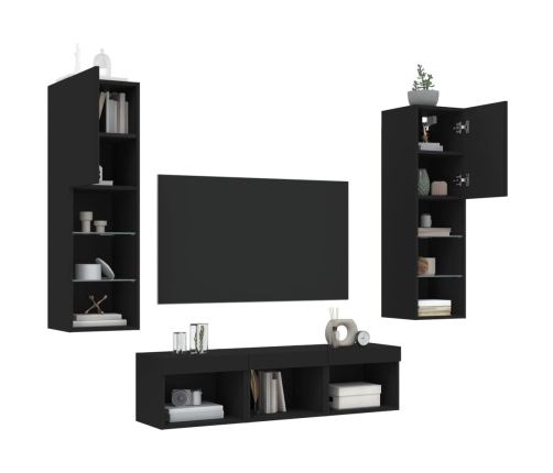 Muebles de TV de pared con LED 5 pzas madera ingeniería negro