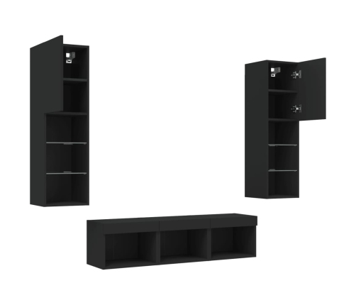 Muebles de TV de pared con LED 5 pzas madera ingeniería negro