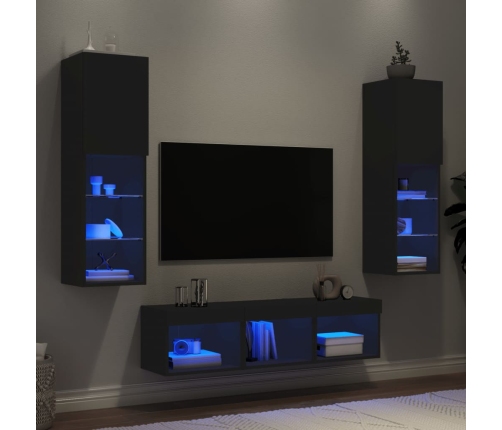 Muebles de TV de pared con LED 5 pzas madera ingeniería negro