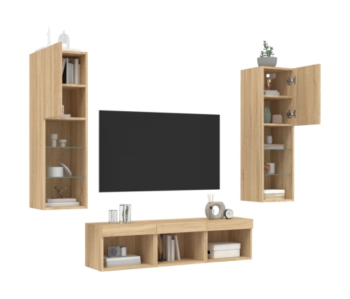 Muebles TV pared con LED 5 pzas madera ingeniería roble Sonoma