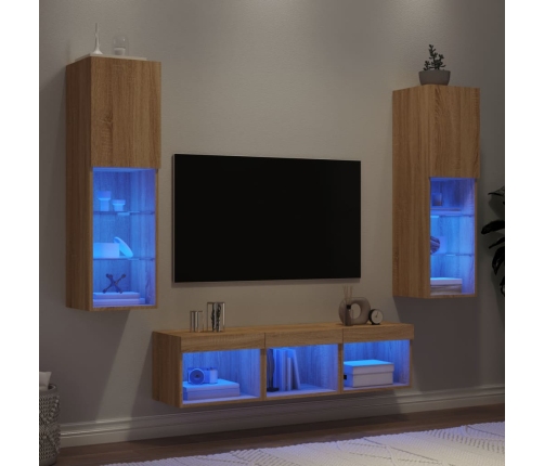 Muebles TV pared con LED 5 pzas madera ingeniería roble Sonoma