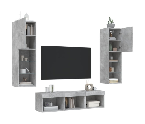 Muebles TV pared con LED 5 pzas madera ingeniería gris hormigón