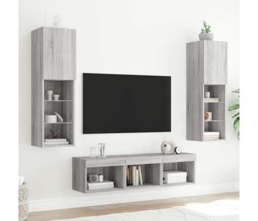 Muebles TV pared con LED 5 pzas madera ingeniería gris Sonoma