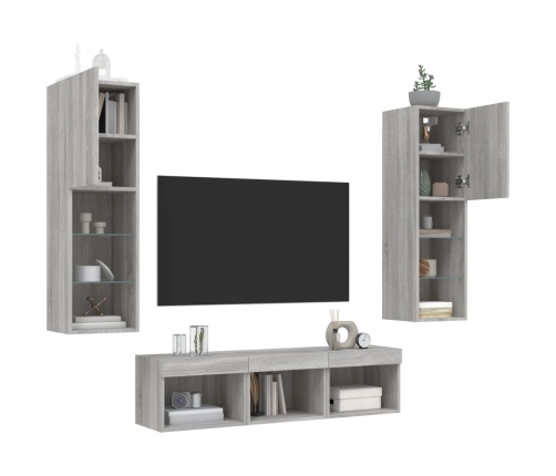 Muebles TV pared con LED 5 pzas madera ingeniería gris Sonoma