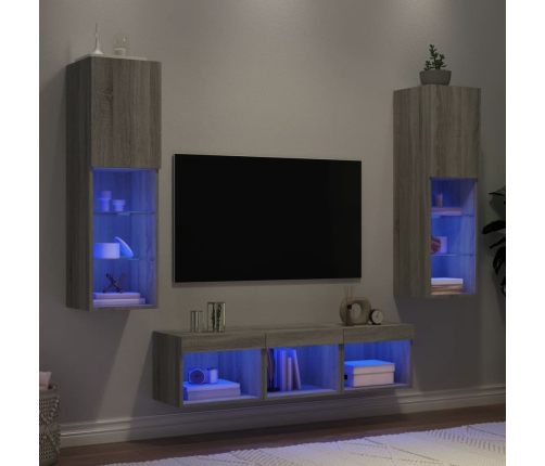 Muebles TV pared con LED 5 pzas madera ingeniería gris Sonoma