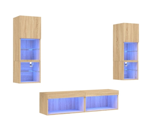 Muebles TV pared con LED 6 pzas madera ingeniería roble Sonoma