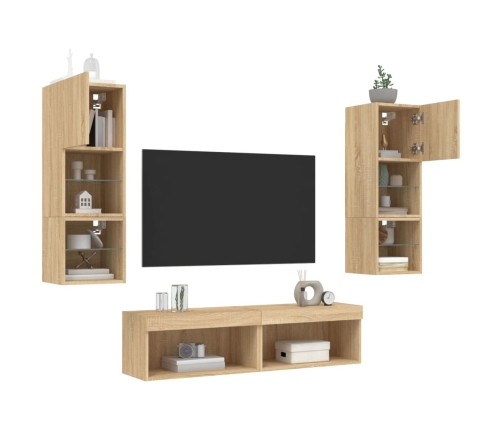 Muebles TV pared con LED 6 pzas madera ingeniería roble Sonoma