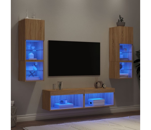 Muebles TV pared con LED 6 pzas madera ingeniería roble Sonoma