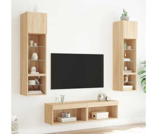 Muebles TV pared con LED 6 pzas madera ingeniería roble Sonoma