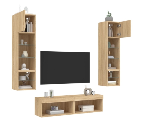 Muebles TV pared con LED 6 pzas madera ingeniería roble Sonoma