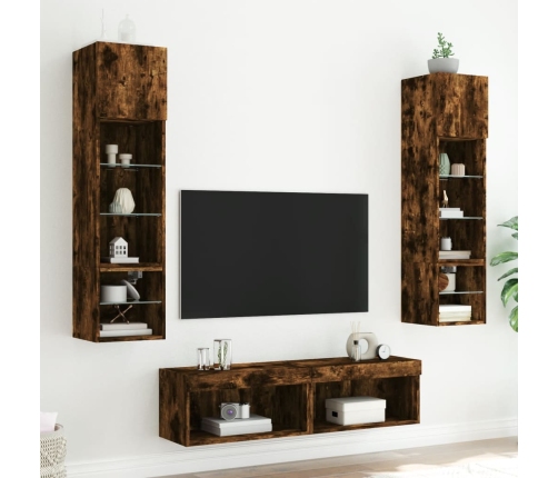 vidaXL Muebles TV pared con LED 6 pzas madera ingeniería roble ahumado