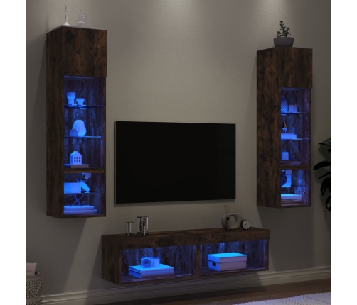 vidaXL Muebles TV pared con LED 6 pzas madera ingeniería roble ahumado