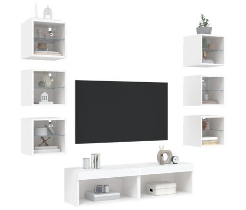 Muebles de TV de pared con LED 8 pzas madera ingeniería blanco