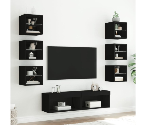 Muebles de TV de pared con LED 8 pzas madera ingeniería negro