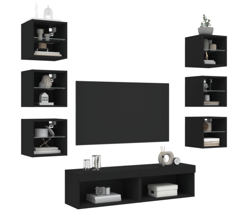 Muebles de TV de pared con LED 8 pzas madera ingeniería negro