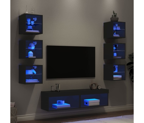 Muebles de TV de pared con LED 8 pzas madera ingeniería negro