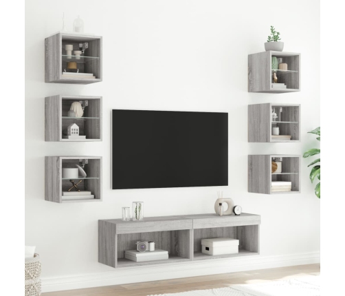 Muebles TV pared con LED 8 pzas madera ingeniería gris Sonoma