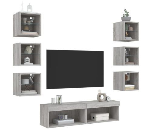 Muebles TV pared con LED 8 pzas madera ingeniería gris Sonoma