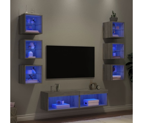 Muebles TV pared con LED 8 pzas madera ingeniería gris Sonoma