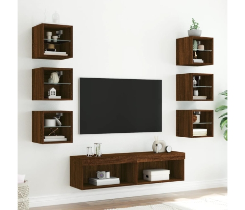 vidaXL Muebles TV pared con LED 8 pzas madera ingeniería marrón roble