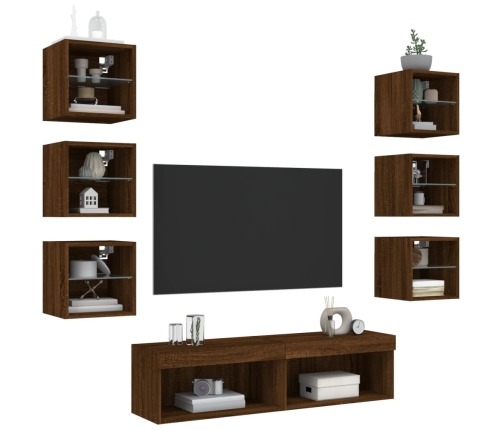 vidaXL Muebles TV pared con LED 8 pzas madera ingeniería marrón roble