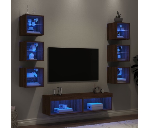 vidaXL Muebles TV pared con LED 8 pzas madera ingeniería marrón roble