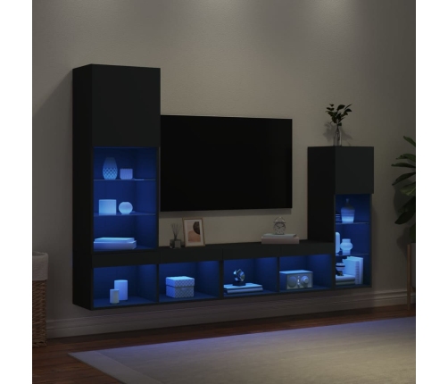 Muebles de TV de pared con LED 4 pzas madera ingeniería negro