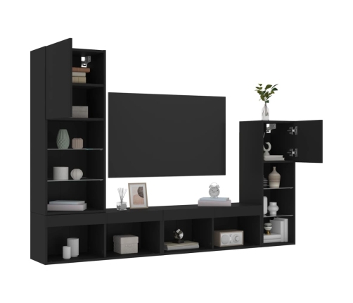 Muebles de TV de pared con LED 4 pzas madera ingeniería negro