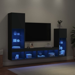 Muebles de TV de pared con LED 4 pzas madera ingeniería negro