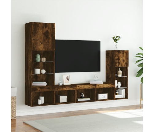 vidaXL Muebles TV pared con LED 4 pzas madera ingeniería roble ahumado