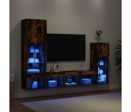 vidaXL Muebles TV pared con LED 4 pzas madera ingeniería roble ahumado