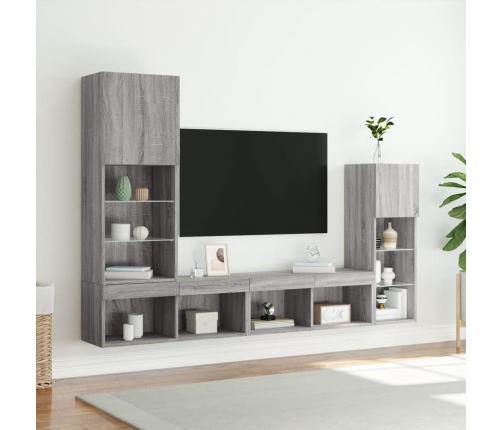 Muebles TV pared con LED 4 pzas madera ingeniería gris Sonoma