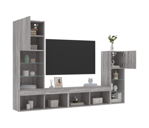 Muebles TV pared con LED 4 pzas madera ingeniería gris Sonoma