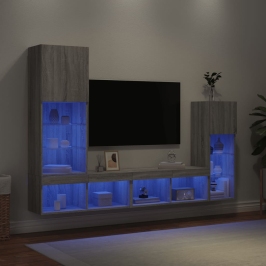 Muebles TV pared con LED 4 pzas madera ingeniería gris Sonoma