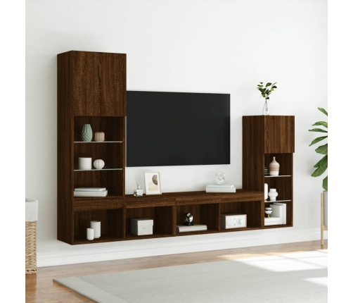 vidaXL Muebles TV pared con LED 4 pzas madera ingeniería marrón roble