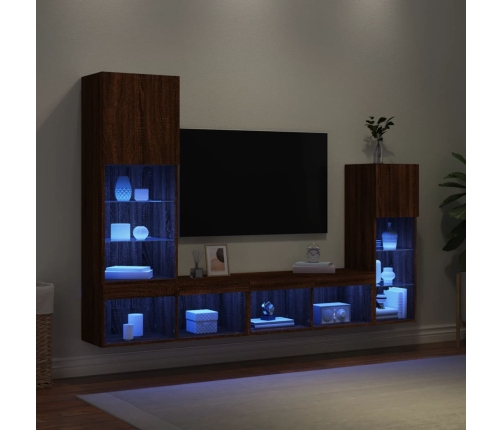 vidaXL Muebles TV pared con LED 4 pzas madera ingeniería marrón roble