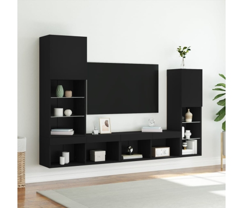 Muebles de TV de pared con LED 4 pzas madera ingeniería negro