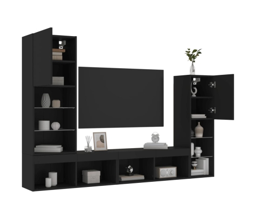 Muebles de TV de pared con LED 4 pzas madera ingeniería negro