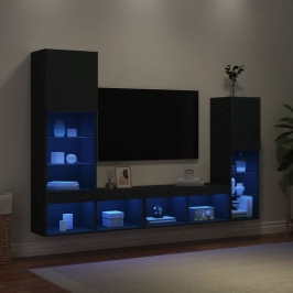 Muebles de TV de pared con LED 4 pzas madera ingeniería negro