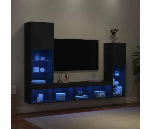 Muebles de TV de pared con LED 4 pzas madera ingeniería negro