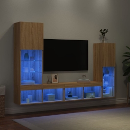 Muebles TV pared con LED 4 pzas madera ingeniería roble Sonoma