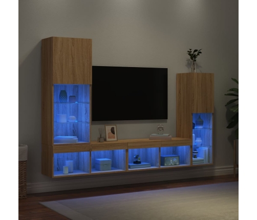 Muebles TV pared con LED 4 pzas madera ingeniería roble Sonoma