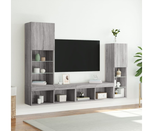 Muebles TV pared con LED 4 pzas madera ingeniería gris Sonoma