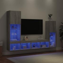 Muebles TV pared con LED 4 pzas madera ingeniería gris Sonoma