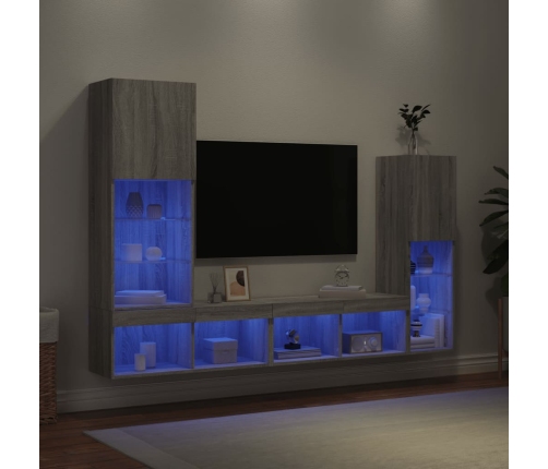 Muebles TV pared con LED 4 pzas madera ingeniería gris Sonoma