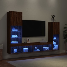 Muebles TV pared con LED 4 pzas madera ingeniería marrón roble