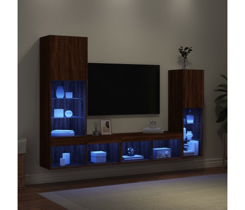 Muebles TV pared con LED 4 pzas madera ingeniería marrón roble