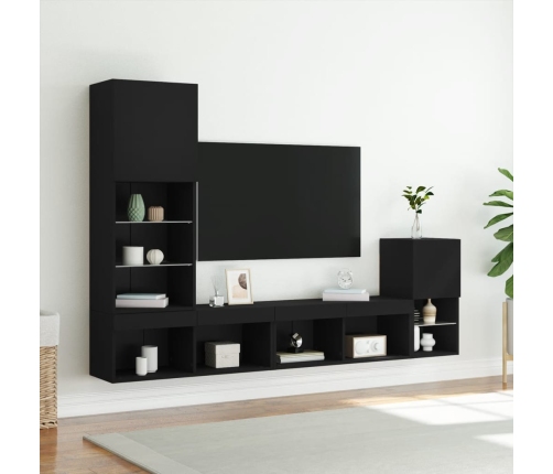 Muebles de TV de pared con LED 4 pzas madera ingeniería negro