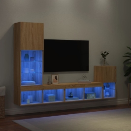 Muebles TV pared con LED 4 pzas madera ingeniería roble Sonoma