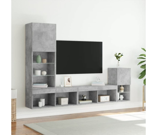 vidaXL Muebles TV pared con LED 4 pzas madera ingeniería gris hormigón